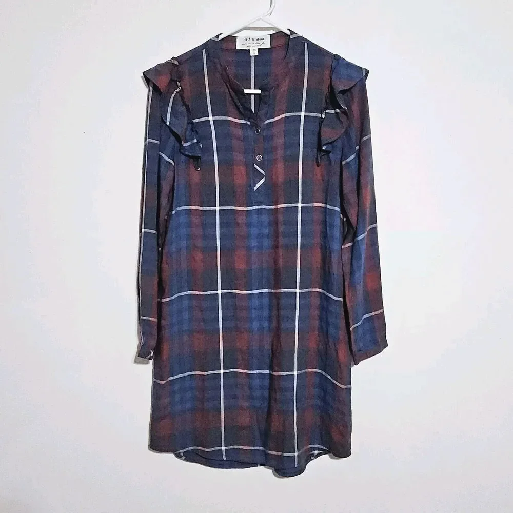 CLOTH & STONE‎ Anthropologie RUFFLED SHIRT DRESS Sz XS Plaid Brushed Long Sleeve